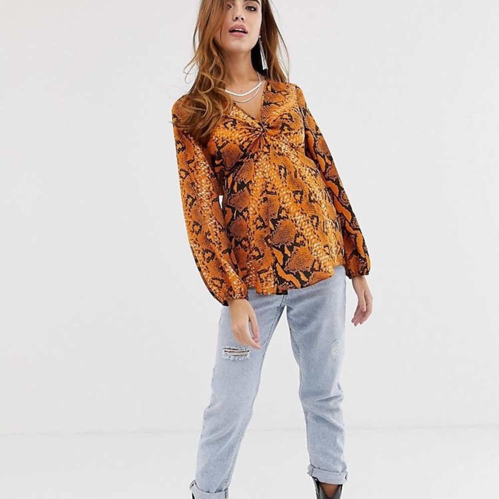ASOS DESIGN Maternity twist front long sleeve top in‎ snake animal print, Size 6